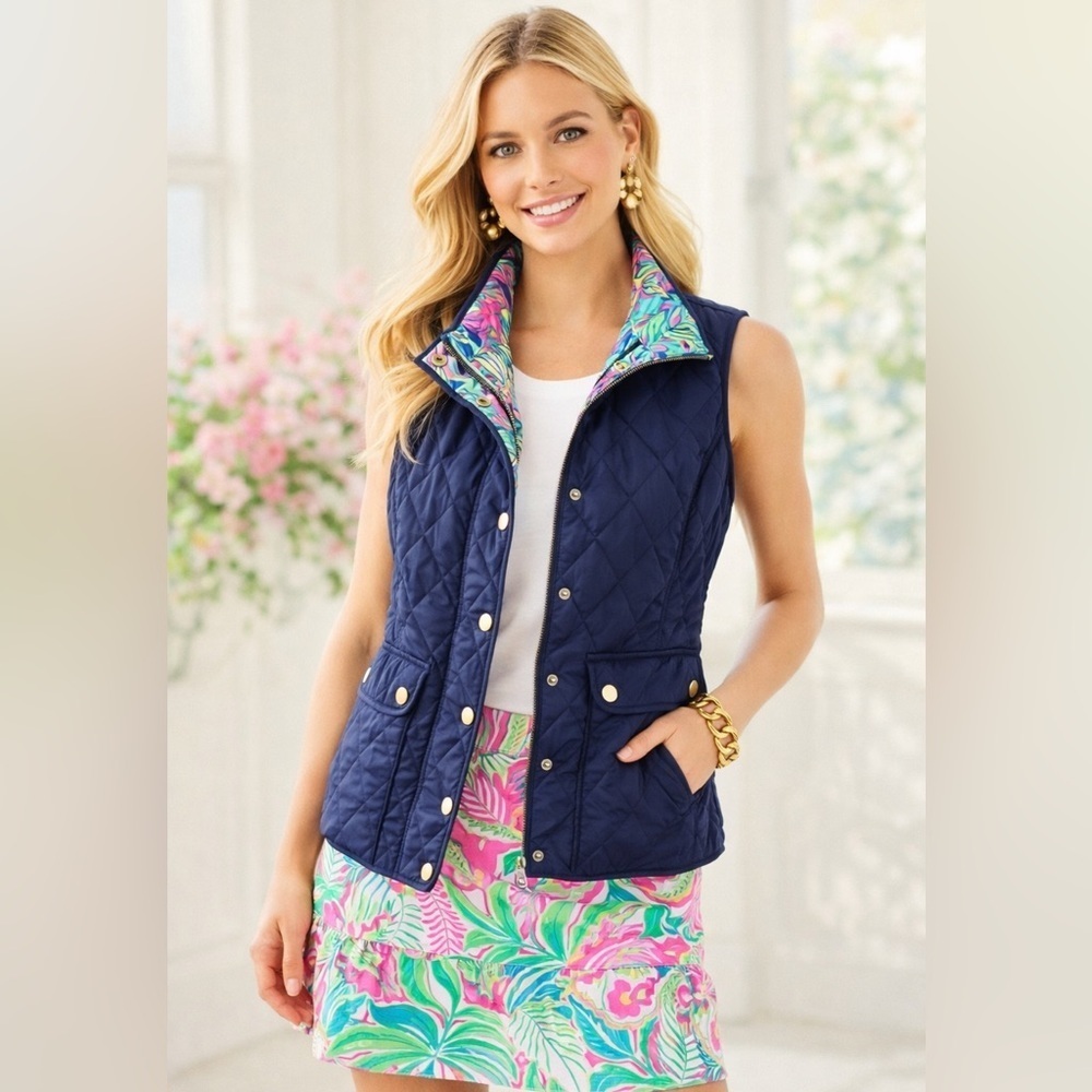 Lilly Pulitzer Getaway Quilted Vest Blue Lightweight Snap Zip Front XS XSmall